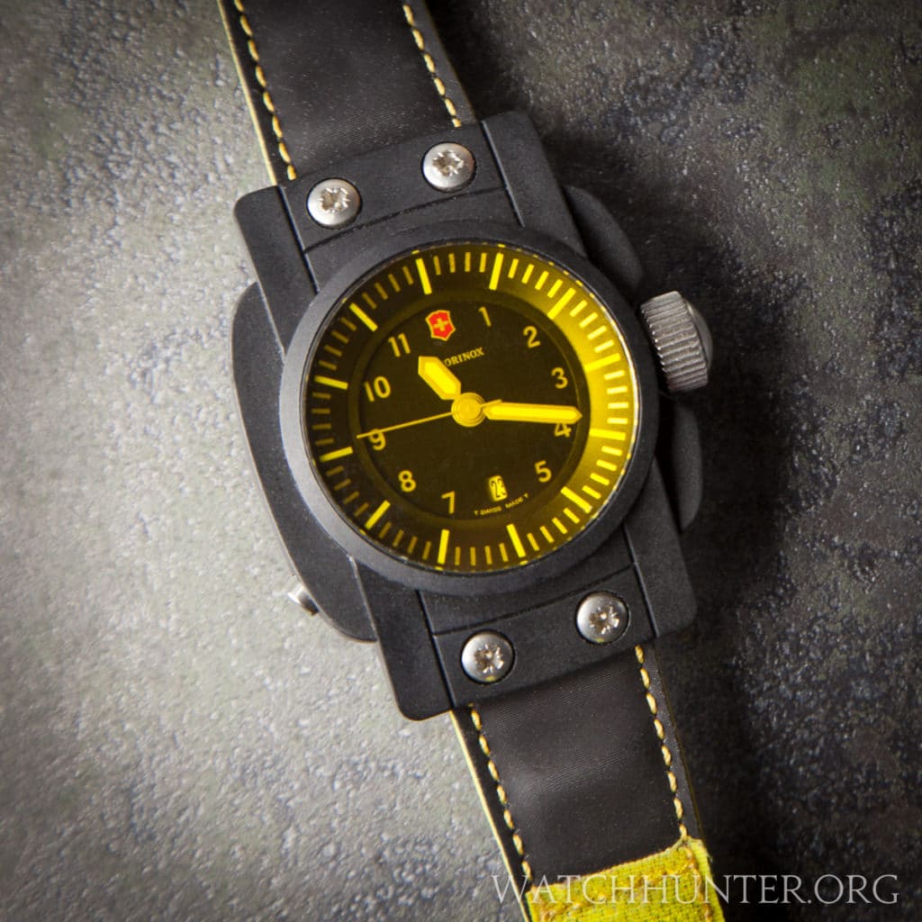 The mineral glass crystal is yellow on this unique Swiss Army watch