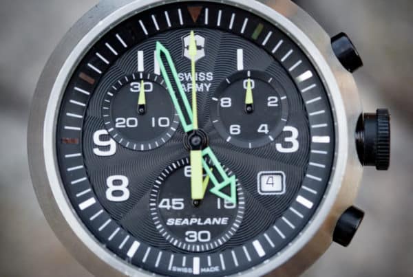 The Victorinox Swiss Army SeaPlane Chronograph had applied indices, a guilloche dial and brightly colored hands