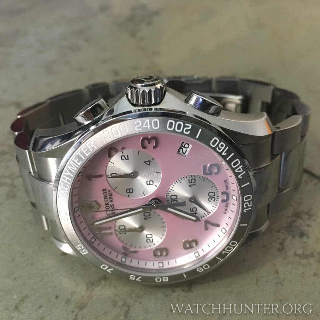 The pink Mother-of-Pearl Chrono Classic in hard sunlight. Notice the dark looking numerals.