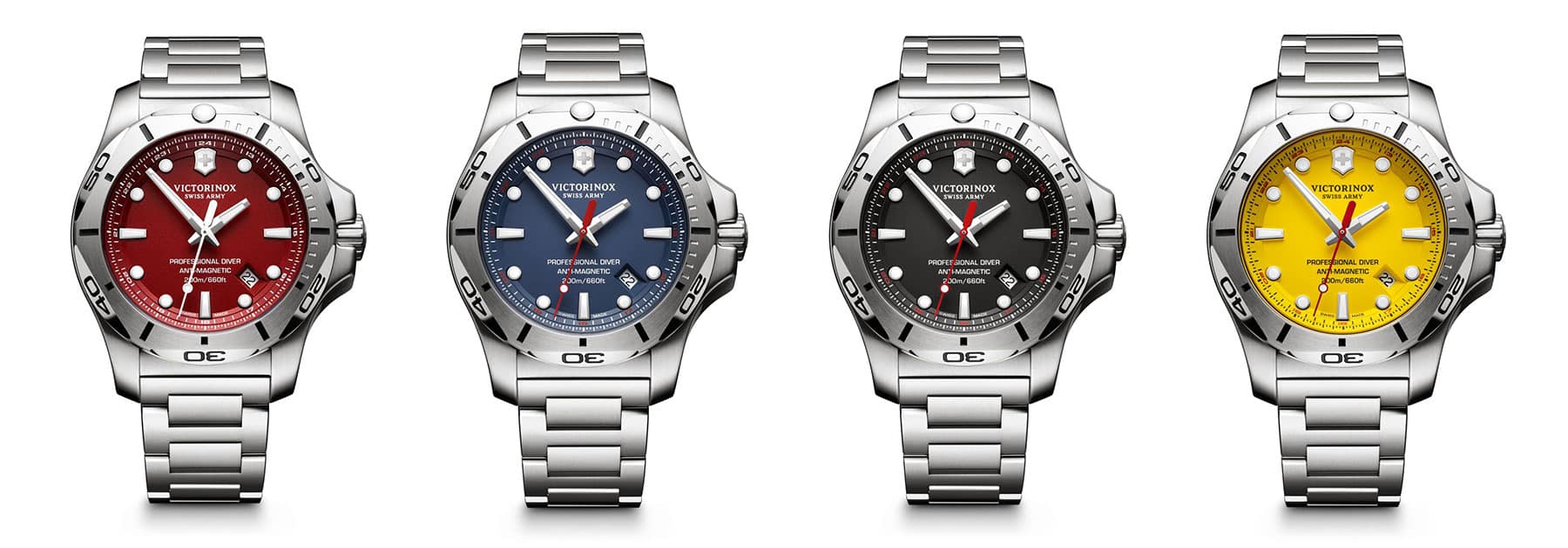 Victorinox Swiss Army I.N.O.X. Professional Dive Watch with multiple dial colors + steel bracelets. Photo: Victorinox