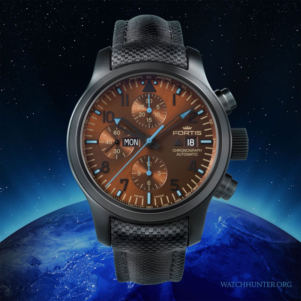Fortis Blue Horizon Limited Edition watch with brown sunburst dial floating over Earth