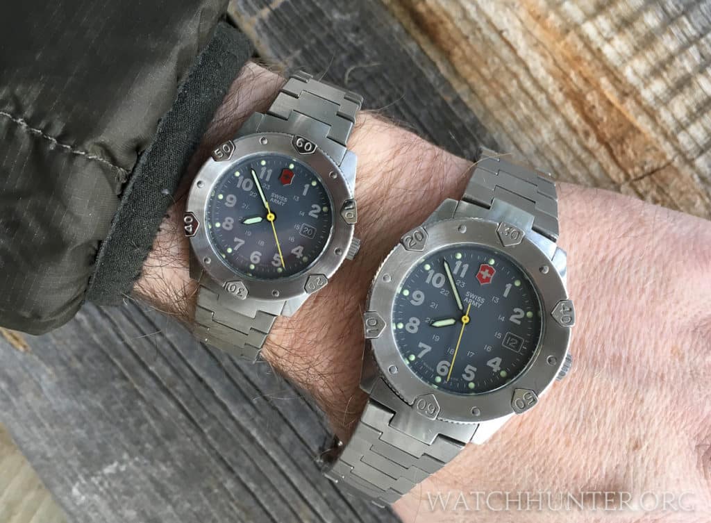 Swiss Army Lancer 200 watches. 32mm "mid-size" on the left and 39mm "large" on the right