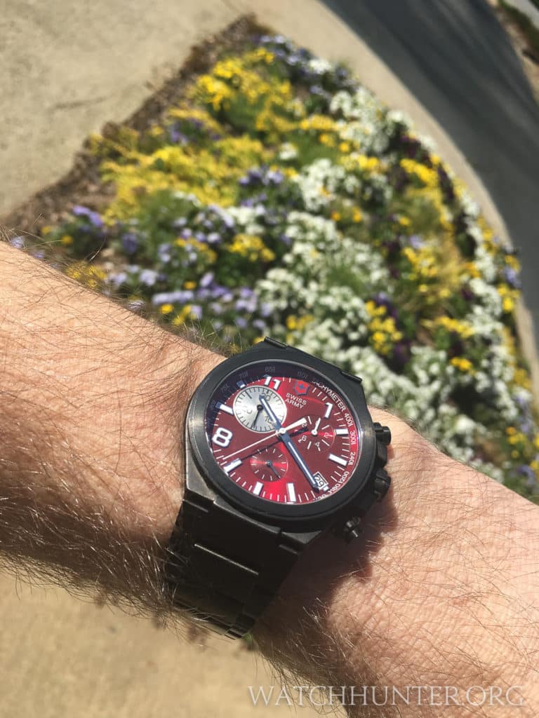 The red dial is even more lively once inside of a blacked out PVD titanium case.