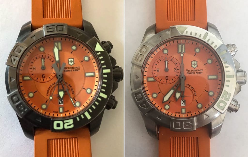 A Victorinox Swiss Army Dive Master 500 Chrono - Before and after PVD removal. Photo: Aaron Winters