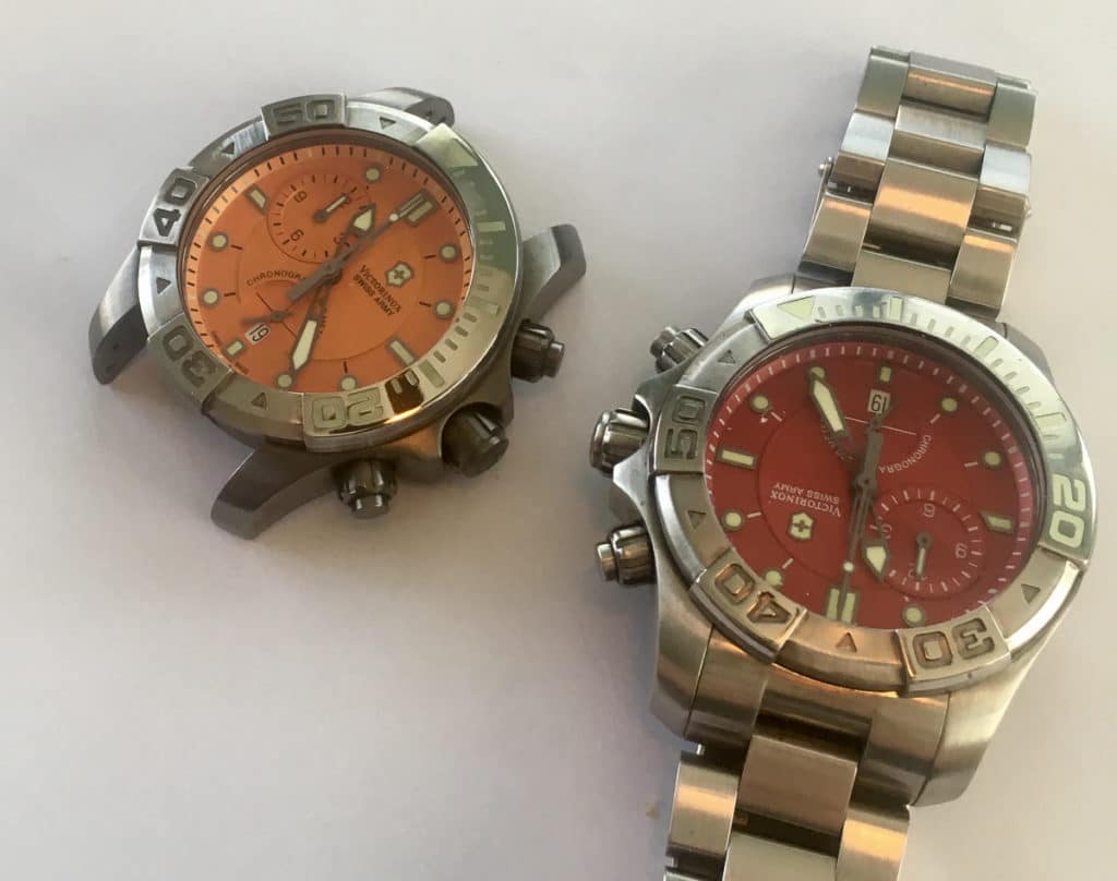 The watch on the right has had the PVD removed. Photo: Aaron Winters