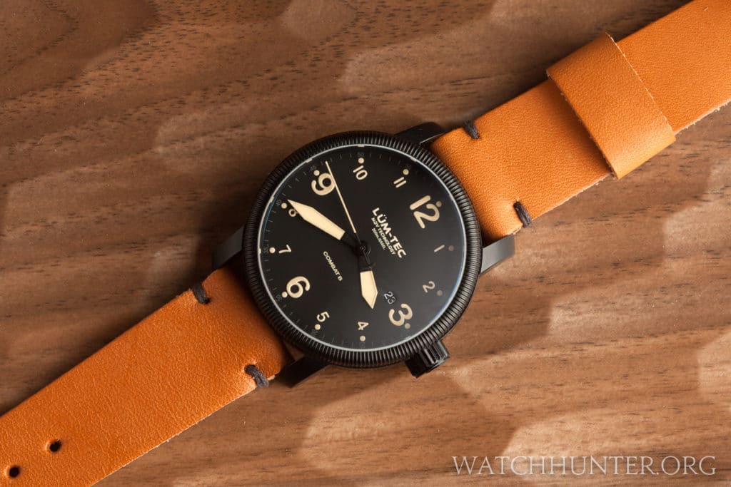 A vintage leather watch band from Worn & Worn pairs nicely with the Combat B35