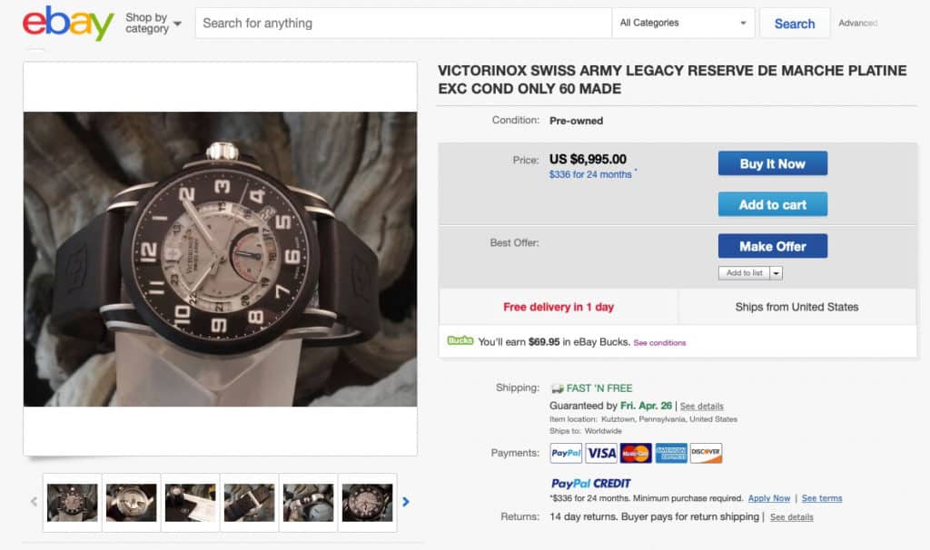 eBay auction for Victorinox Swiss Army Legacy Power Reserve Limited Edition in Platinum