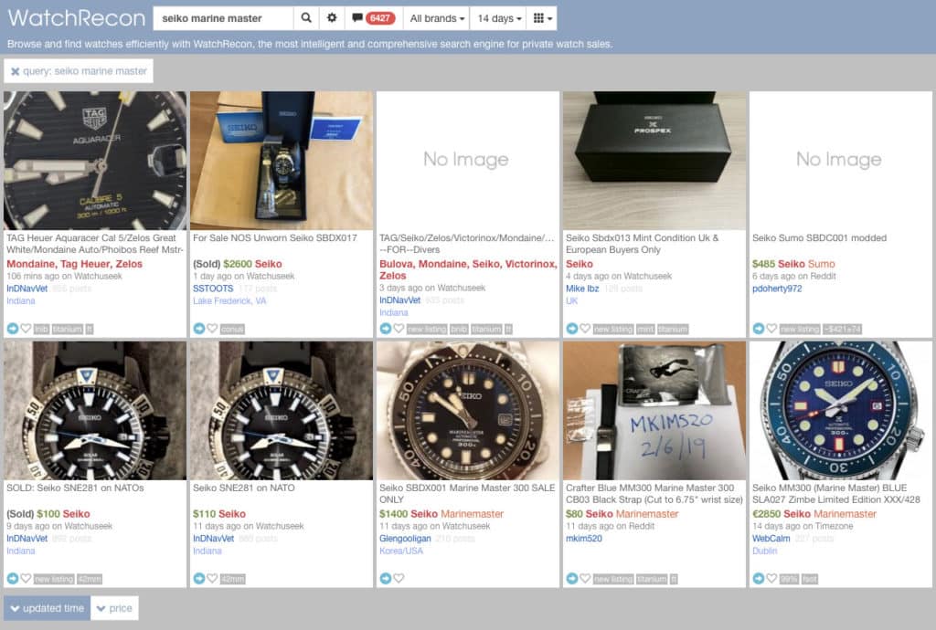 Example of a wide search for Seiko Marine Master