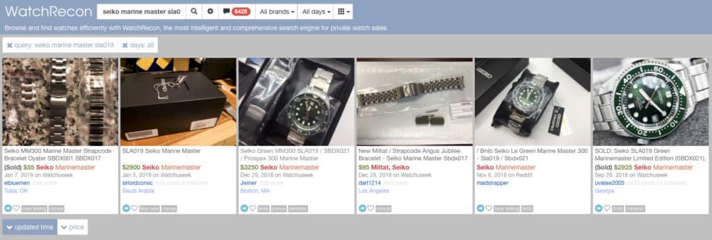 Example of a narrow search for Seiko Marine Master SLA019