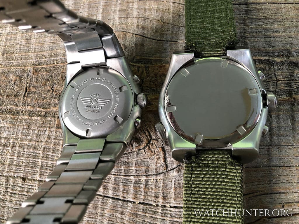 A production Hunter case back (left) compared to the GMT Prototype